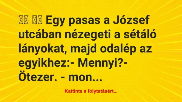Vicc:
Egy pasas a József utcában nézegeti a sétáló lány… Vicc:
Egy pasas a József utcában nézegeti a sétáló lány…