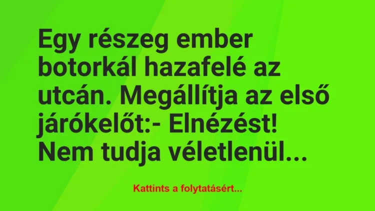 Vicc: Egy részeg ember botorkál hazafelé az utcán. Megállítja az első… Vicc: Egy részeg ember botorkál hazafelé az utcán. Megállítja az első…