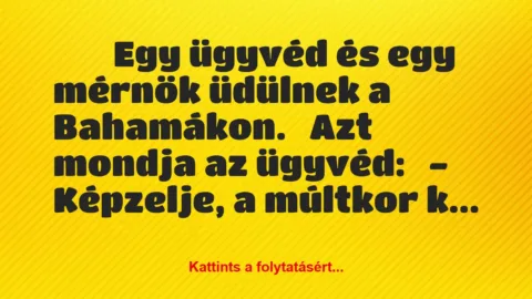 Vicc: 
	    	    Egy ügyvéd és egy mérnök üdülnek a Bahamákon.


Azt…