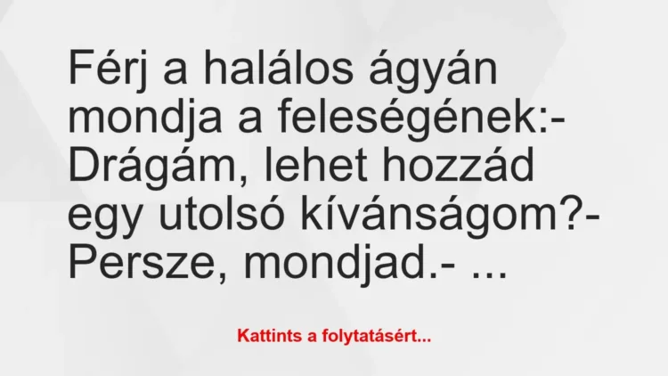 Vicc: Férj a halálos ágyán mondja a feleségének:
– Drágám, lehet hozzád… Vicc: Férj a halálos ágyán mondja a feleségének:
– Drágám, lehet hozzád…