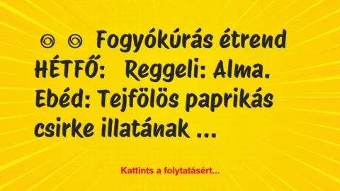 Vicc: 
	    	    Fogyókúrás étrend





HÉTFŐ:


Reggeli:…