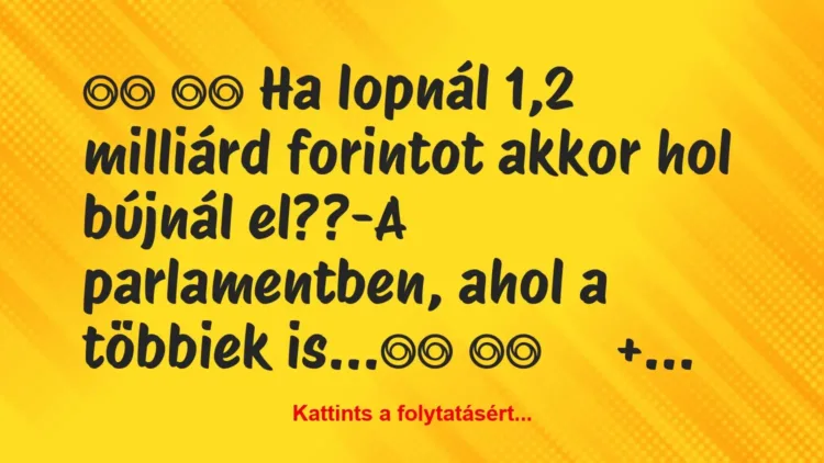 Vicc:
Ha lopnál 1,2 milliárd forintot akkor hol bújnál … Vicc:
Ha lopnál 1,2 milliárd forintot akkor hol bújnál …