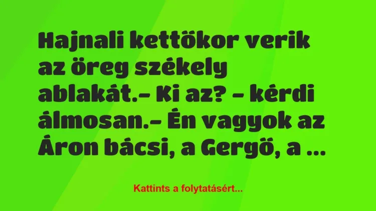 Vicc: Hajnali kettőkor verik az öreg székely ablakát.
– Ki az? – kérdi… Vicc: Hajnali kettőkor verik az öreg székely ablakát.
– Ki az? – kérdi…