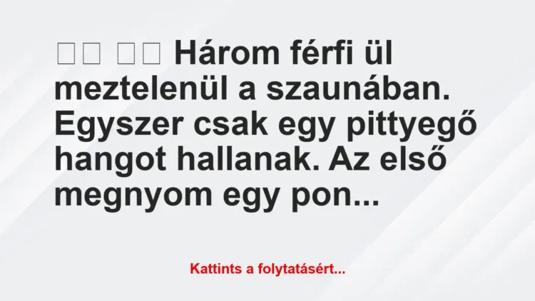 Vicc:
Három férfi ül meztelenül a szaunában. Egyszer… Vicc:
Három férfi ül meztelenül a szaunában. Egyszer…