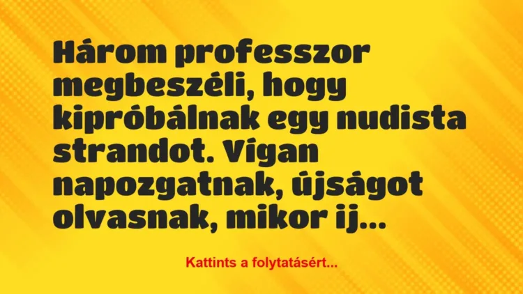 Vicc: Három professzor megbeszéli, hogy kipróbálnak egy nudista strandot…. Vicc: Három professzor megbeszéli, hogy kipróbálnak egy nudista strandot….