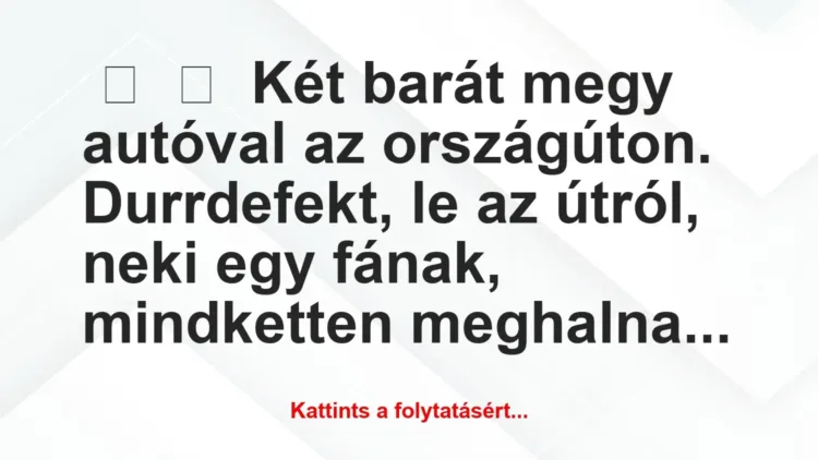 Vicc:
Két barát megy autóval az országúton.
Durrdefekt, le… Vicc:
Két barát megy autóval az országúton.
Durrdefekt, le…