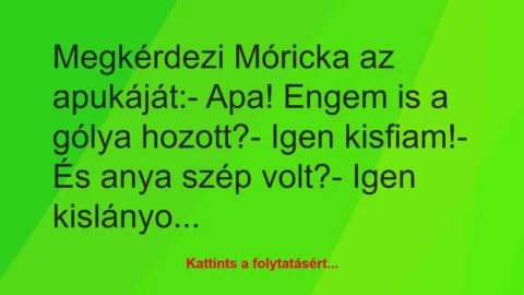 Vicc: Megkérdezi Móricka az apukáját:

– Apa! Engem is a gólya…