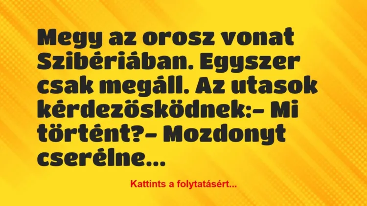 Vicc: Megy az orosz vonat Szibériában. Egyszer csak megáll. Az utasok… Vicc: Megy az orosz vonat Szibériában. Egyszer csak megáll. Az utasok…