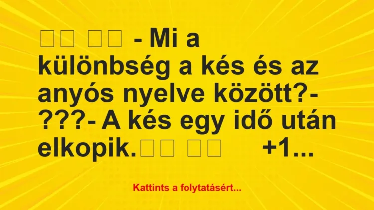 Vicc:
– Mi a különbség a kés és az anyós nyelve… Vicc:
– Mi a különbség a kés és az anyós nyelve…