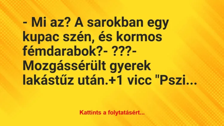 Vicc: – Mi az? A sarokban egy kupac szén, és kormos fémdarabok?
-… Vicc: – Mi az? A sarokban egy kupac szén, és kormos fémdarabok?
-…