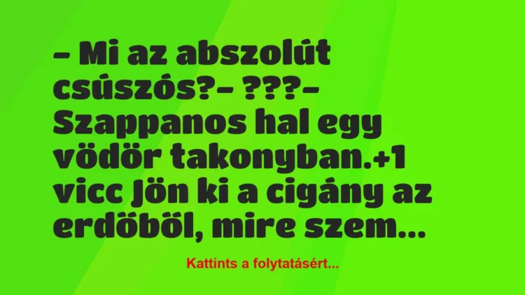 Vicc: – Mi az abszolút csúszós?
– ???
– Szappanos hal egy vödör… Vicc: – Mi az abszolút csúszós?
– ???
– Szappanos hal egy vödör…