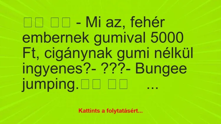 Vicc:
– Mi az, fehér embernek gumival 5000 Ft,… Vicc:
– Mi az, fehér embernek gumival 5000 Ft,…