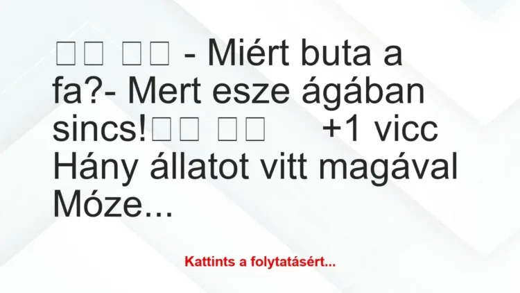 Vicc:
– Miért buta a fa?- Mert esze ágában… Vicc:
– Miért buta a fa?- Mert esze ágában…