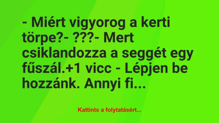 Vicc: – Miért vigyorog a kerti törpe?
– ???
– Mert csiklandozza a… Vicc: – Miért vigyorog a kerti törpe?
– ???
– Mert csiklandozza a…
