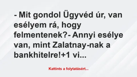 Vicc: – Mit gondol Ügyvéd úr, van esélyem rá, hogy felmentenek?

– Annyi…