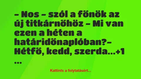 Vicc: – Nos – szól a főnök az új titkárnőhöz – Mi van ezen a héten a…