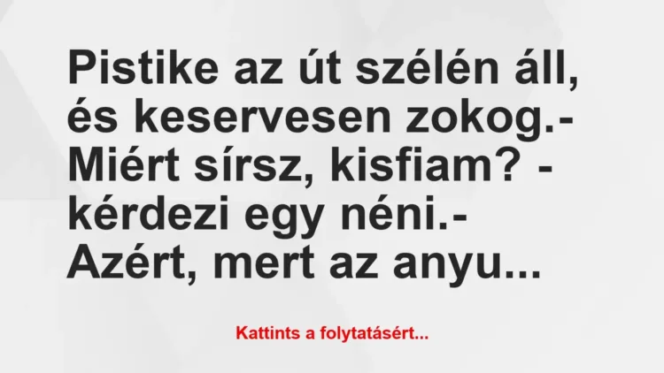 Vicc: Pistike az út szélén áll, és keservesen zokog.
– Miért sírsz,… Vicc: Pistike az út szélén áll, és keservesen zokog.
– Miért sírsz,…