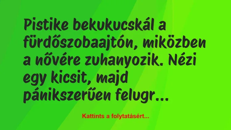 Vicc: Pistike bekukucskál a fürdőszobaajtón, miközben a nővére zuhanyozik…. Vicc: Pistike bekukucskál a fürdőszobaajtón, miközben a nővére zuhanyozik….