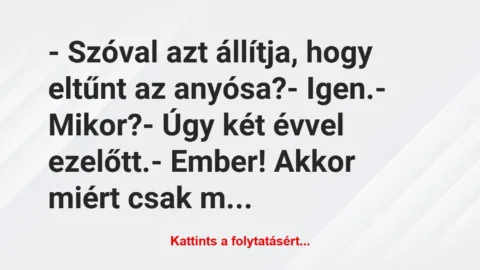 Vicc: – Szóval azt állítja, hogy eltűnt az anyósa?

– Igen.

-…