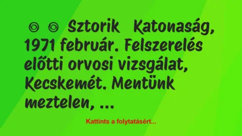 Vicc: 
	    	    Sztorik


Katonaság, 1971 február. Felszerelés előtti …