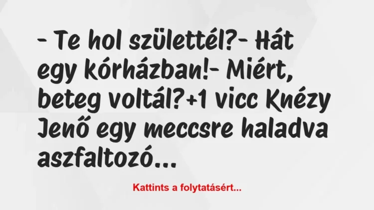 Vicc: – Te hol születtél?
– Hát egy kórházban!
– Miért, beteg… Vicc: – Te hol születtél?
– Hát egy kórházban!
– Miért, beteg…