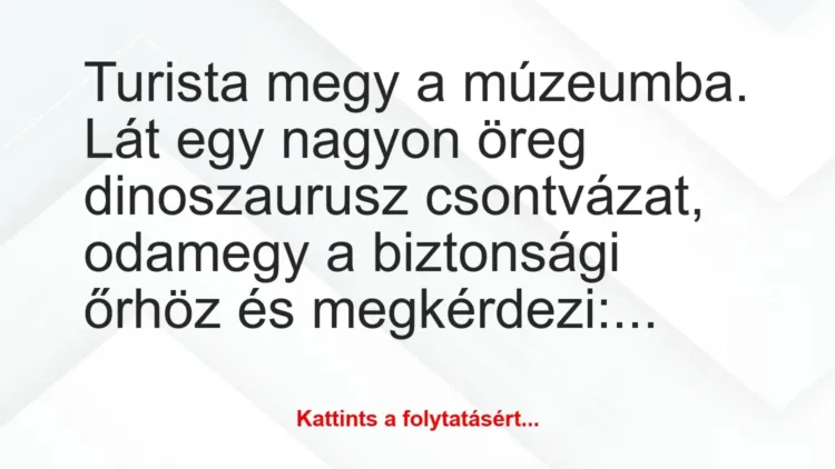 Vicc: Turista megy a múzeumba. Lát egy nagyon öreg dinoszaurusz csontvázat,… Vicc: Turista megy a múzeumba. Lát egy nagyon öreg dinoszaurusz csontvázat,…