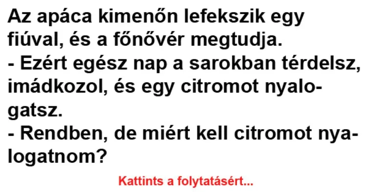 Vicc: Az apáca kimenőn lefekszik egy fiúval Vicc: Az apáca kimenőn lefekszik egy fiúval