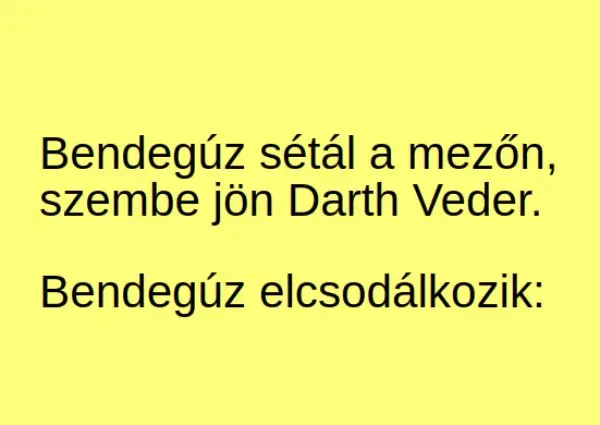Vicc: Bendegúz sétál a mezőn, szembe jön Darth Veder Vicc: Bendegúz sétál a mezőn, szembe jön Darth Veder