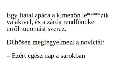 Vicc: Egy fiatal apáca a kimenőn nagyot vétkezik, és a Vicc: Egy fiatal apáca a kimenőn nagyot vétkezik, és a zárda…