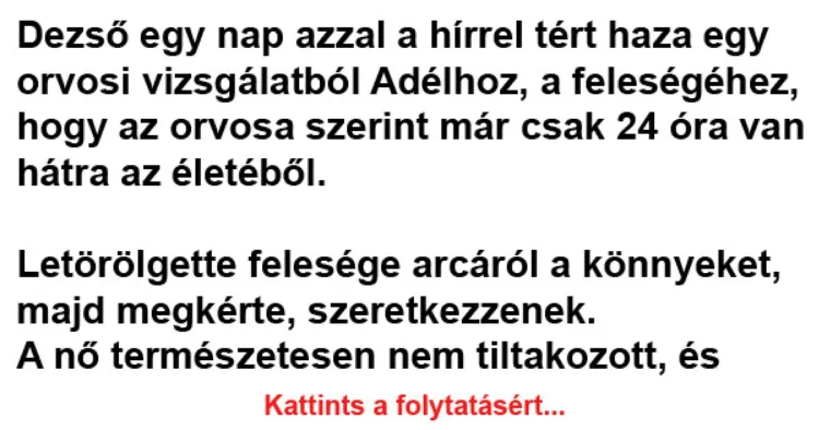 Vicc: Kedvesem, most már csak 18 óra van hátra az Vicc: Kedvesem, most már csak 18 óra van hátra az életemből. Lenne kedved…
