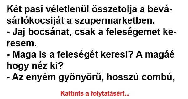 Vicc: Két pasi véletlenül összetolja a bevásárlókocsiját a... Vicc: Két pasi véletlenül összetolja a bevásárlókocsiját a…