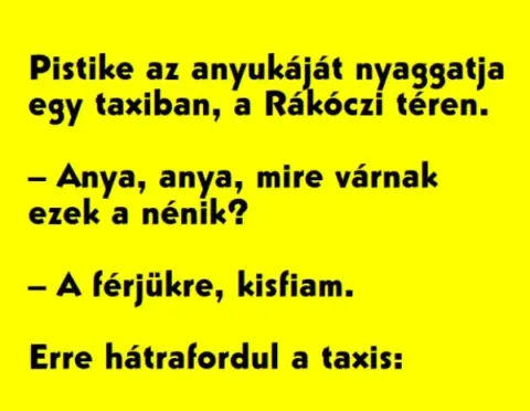 Vicc: Pistike az anyukáját nyaggatja egy taxiban, a Rákóczi téren. Vicc: Pistike az anyukáját nyaggatja egy taxiban, a Rákóczi téren.