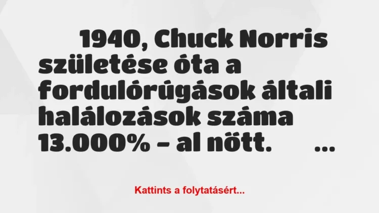 Vicc:
1940, Chuck Norris születése óta a fordulórúgások… Vicc:
1940, Chuck Norris születése óta a fordulórúgások…