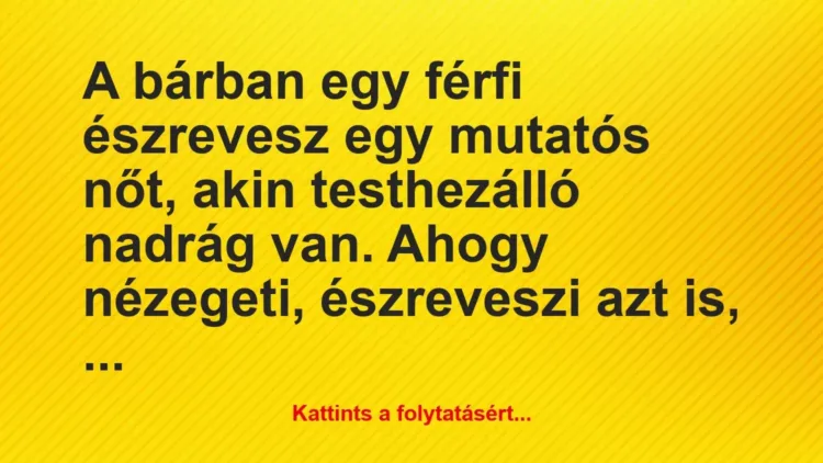 Vicc: A bárban egy férfi észrevesz egy mutatós nőt, akin testhezálló nadrág… Vicc: A bárban egy férfi észrevesz egy mutatós nőt, akin testhezálló nadrág…