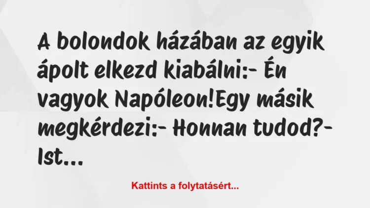 Vicc: A bolondok házában az egyik ápolt elkezd kiabálni:
– Én vagyok… Vicc: A bolondok házában az egyik ápolt elkezd kiabálni:
– Én vagyok…