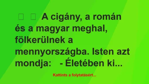 Vicc: 
	    	    A cigány, a román és a magyar meghal, fölkerülnek a…