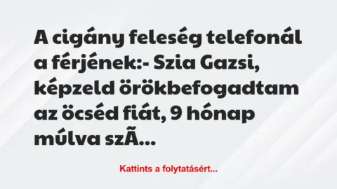 Vicc: A cigány feleség telefonál a férjének:

– Szia Gazsi, képzeld…