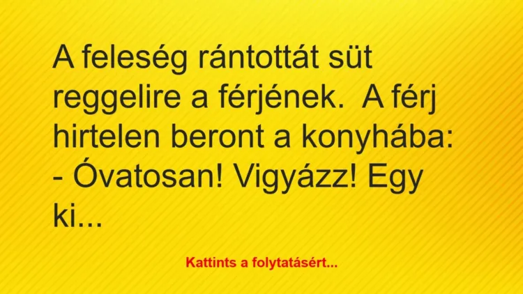 Vicc: A feleség rántottát süt reggelire a férjének.
A férj hirtelen… Vicc: A feleség rántottát süt reggelire a férjének.
A férj hirtelen…
