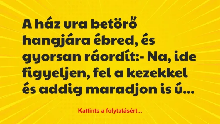 Vicc: A ház ura betörő hangjára ébred, és gyorsan ráordít:
– Na, ide… Vicc: A ház ura betörő hangjára ébred, és gyorsan ráordít:
– Na, ide…