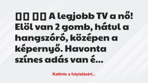 Vicc: 
		  
		  A legjobb TV a nő! Elöl van 2 gomb, hátul a…