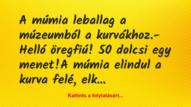 Vicc: A múmia leballag a múzeumból a kurvákhoz.
– Helló öregfiú! 50… Vicc: A múmia leballag a múzeumból a kurvákhoz.
– Helló öregfiú! 50…