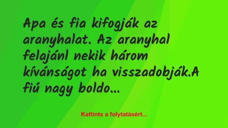 Vicc: Apa és fia kifogják az aranyhalat. Az aranyhal felajánl nekik három… Vicc: Apa és fia kifogják az aranyhalat. Az aranyhal felajánl nekik három…