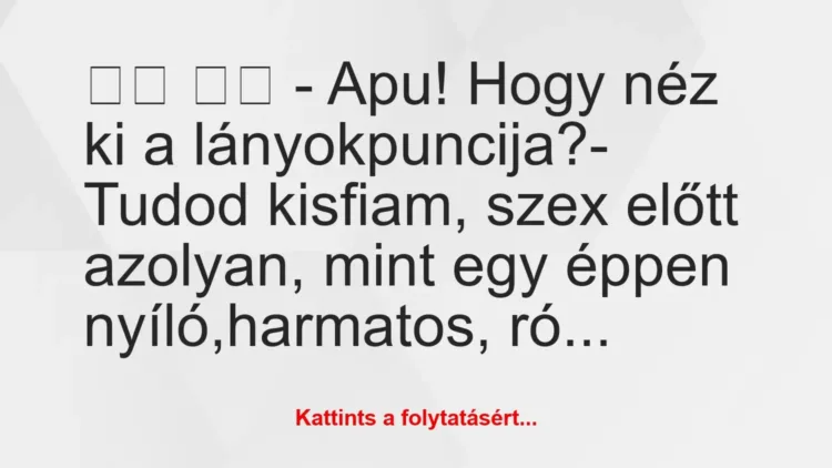 Vicc:
– Apu! Hogy néz ki a lányokpuncija?-… Vicc:
– Apu! Hogy néz ki a lányokpuncija?-…
