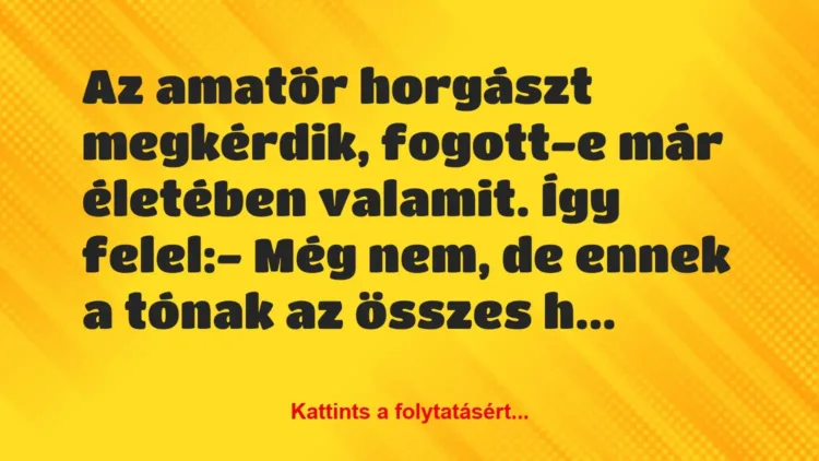 Vicc: Az amatőr horgászt megkérdik, fogott-e már életében valamit. Így… Vicc: Az amatőr horgászt megkérdik, fogott-e már életében valamit. Így…