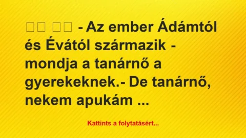 Vicc: 
		  
		  – Az ember Ádámtól és Évától származik – mondja a…