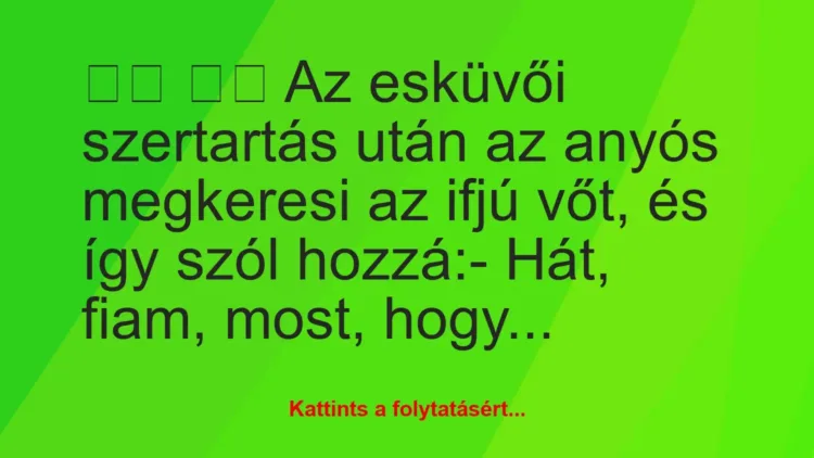 Vicc:
Az esküvői szertartás után az anyós megkeresi az … Vicc:
Az esküvői szertartás után az anyós megkeresi az …