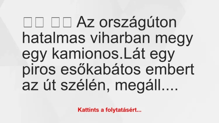Vicc:
Az országúton hatalmas viharban megy egy kamionos… Vicc:
Az országúton hatalmas viharban megy egy kamionos…