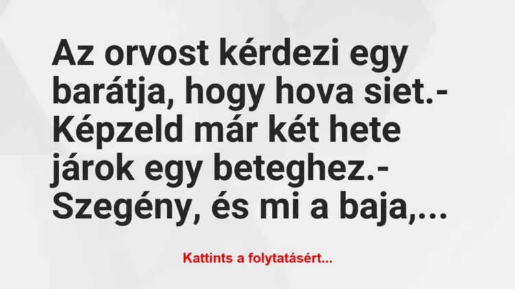 Vicc: Az orvost kérdezi egy barátja, hogy hova siet.
– Képzeld már két… Vicc: Az orvost kérdezi egy barátja, hogy hova siet.
– Képzeld már két…