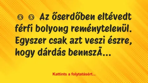 Vicc: 
	    	    Az őserdőben eltévedt férfi bolyong reménytelenül. Egyszer …