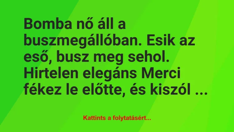 Vicc: Bomba nő áll a buszmegállóban. Esik az eső, busz meg sehol. Hirtelen… Vicc: Bomba nő áll a buszmegállóban. Esik az eső, busz meg sehol. Hirtelen…